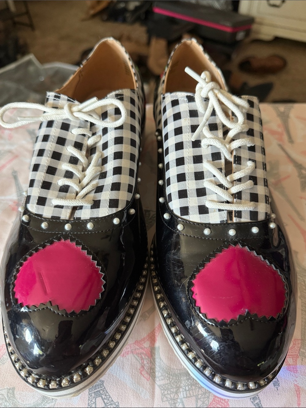 Betsey Johnson Black & White Gingham Flats with Pink Heart Accent - Picture 1 of 6